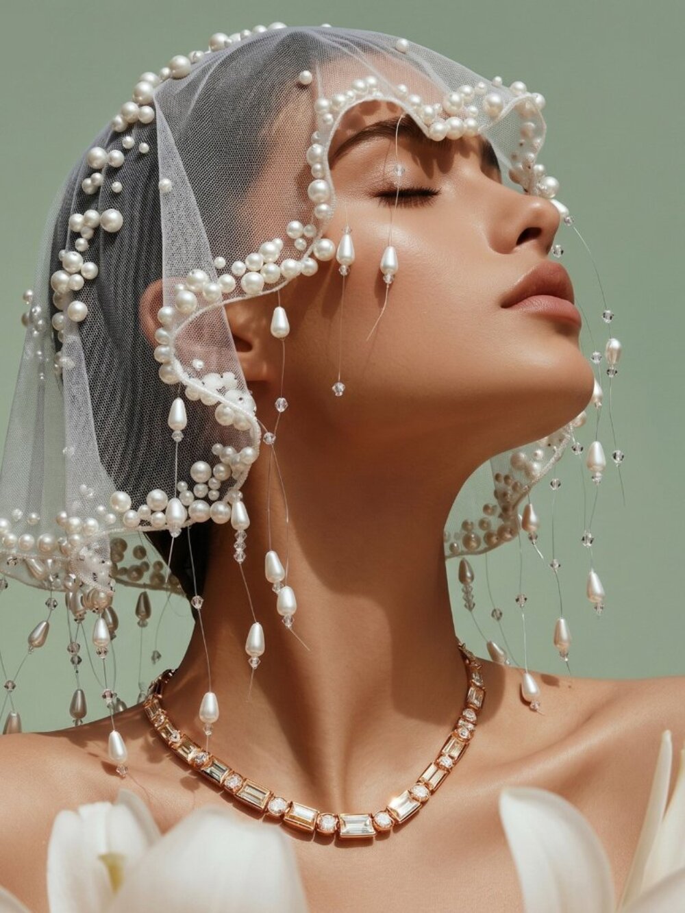 Pearl Beaded Fringe Drop Birdcage Veil Vintage Bridal Cap